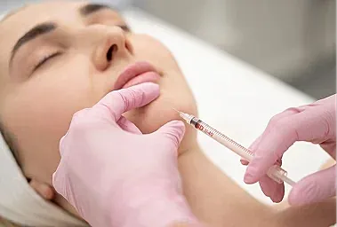 Cosmetic procedure with syringe on woman's face.